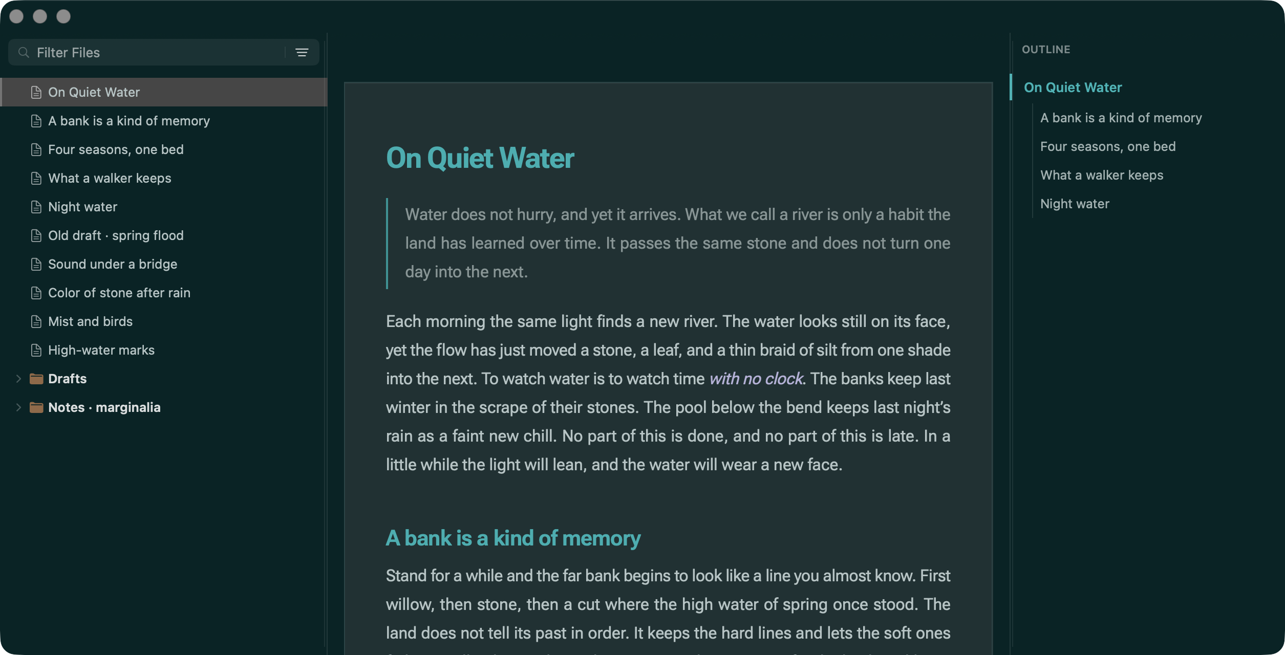 A Mac window with library, page and outline open at once.