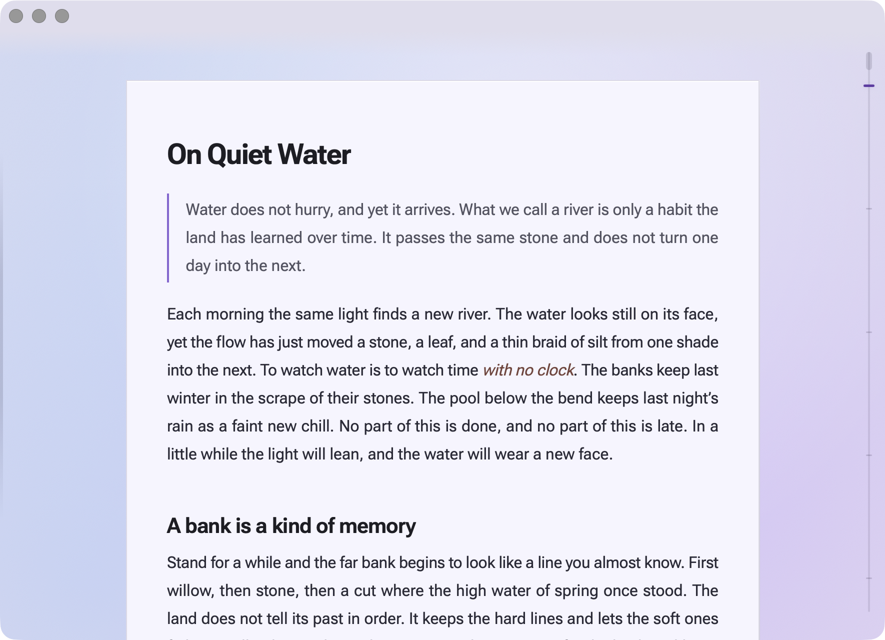 On Quiet Water open on a Mac, set as a page.