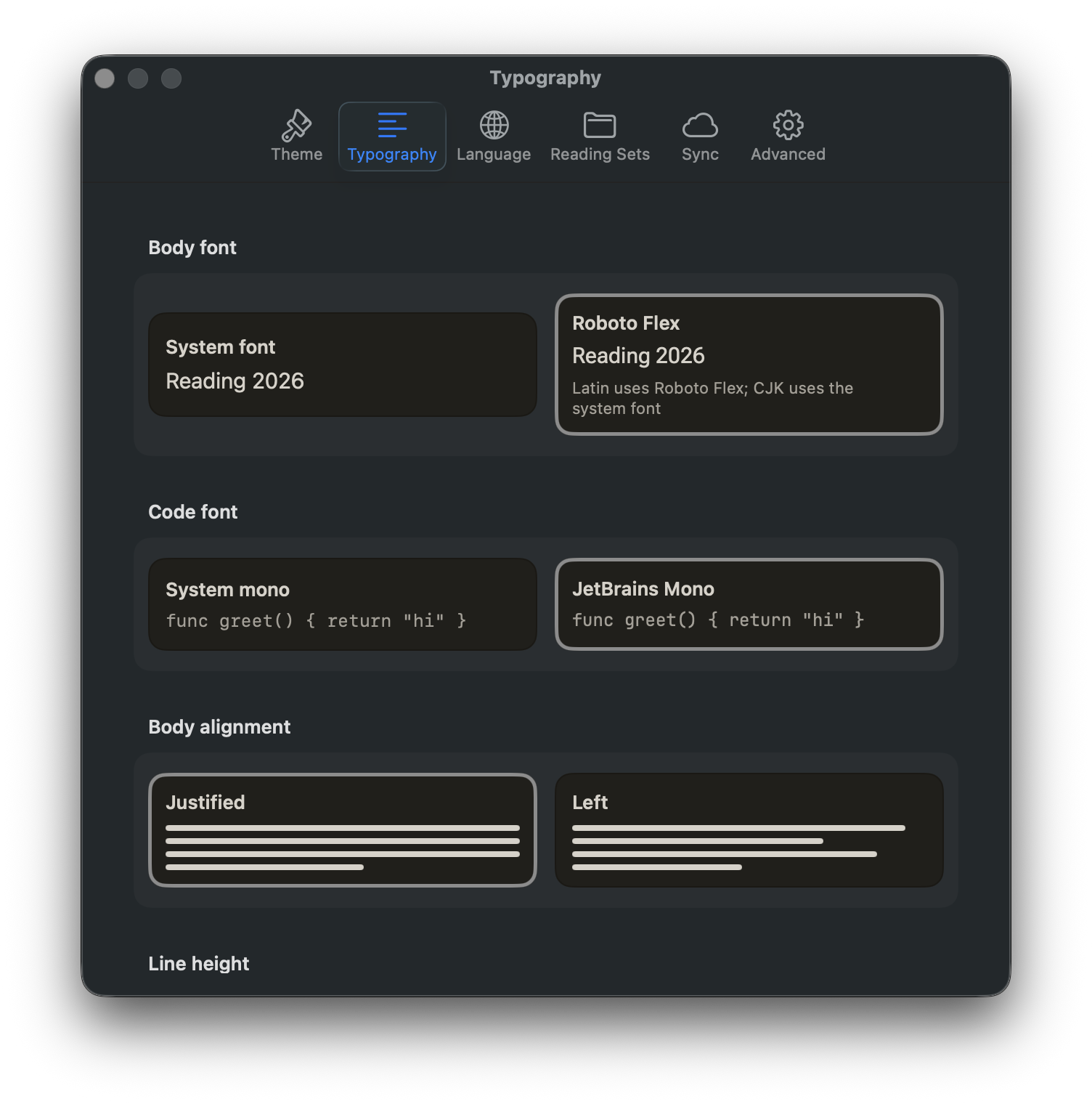 The typography settings: body font, code font, justification, line height.